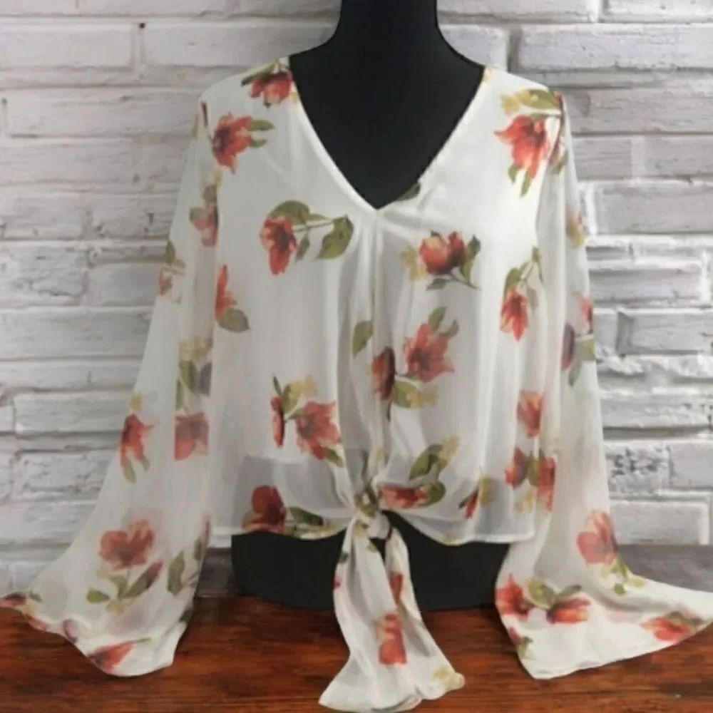 By Together Chiffon Floral V Neck Long Trumpet Sleeve Top Size Small